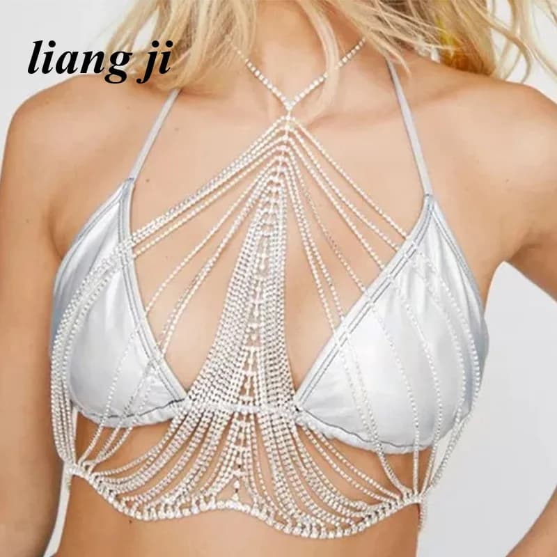 Gioielli per il corpo: Lussuosa catena sexy con nappe e cristalli per il seno, catena per il petto, bikini, vestito da spiaggia, intimo per compleanno