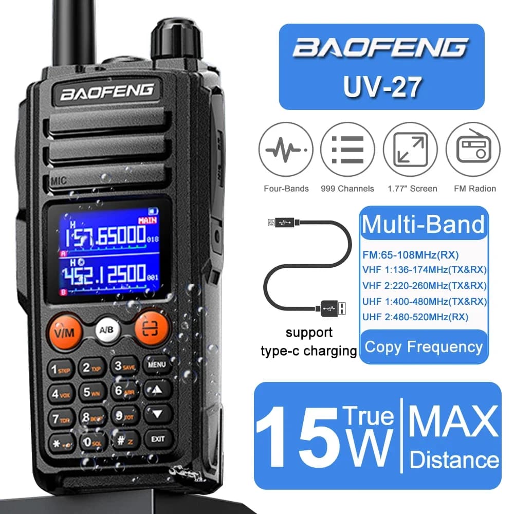 Baofeng UV-27 Walkie Talkie 15W Ad alta potenza A lungo raggio Wirless Frequenza di copia 999CH Radioamatore bidirezionale Vhf Uhf Radio FM portatile