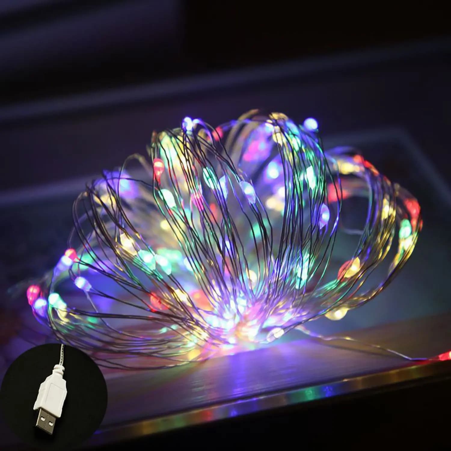 1 pz. Stringa luminosa in rame da 5 m con 50 LED, luci fatate, alimentazione USB, luci da giardino, per albero, feste di Natale, matrimoni