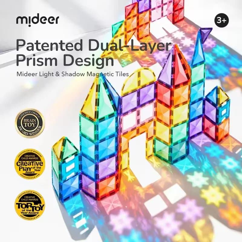 Mideer 80 pezzi di piastrelle magnetiche colorate, blocchi di luce e ombra con 8 pezzi di specchi trasparenti, design trasparente per bambini 3 anni +