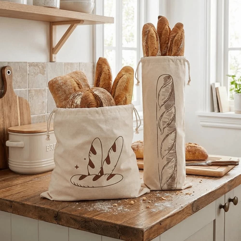 2 Sacchetti Grandi in Lino per Pane, Ecologici, con Cordoncino, Riutilizzabili e Lavabili, per Conservare il Baguette