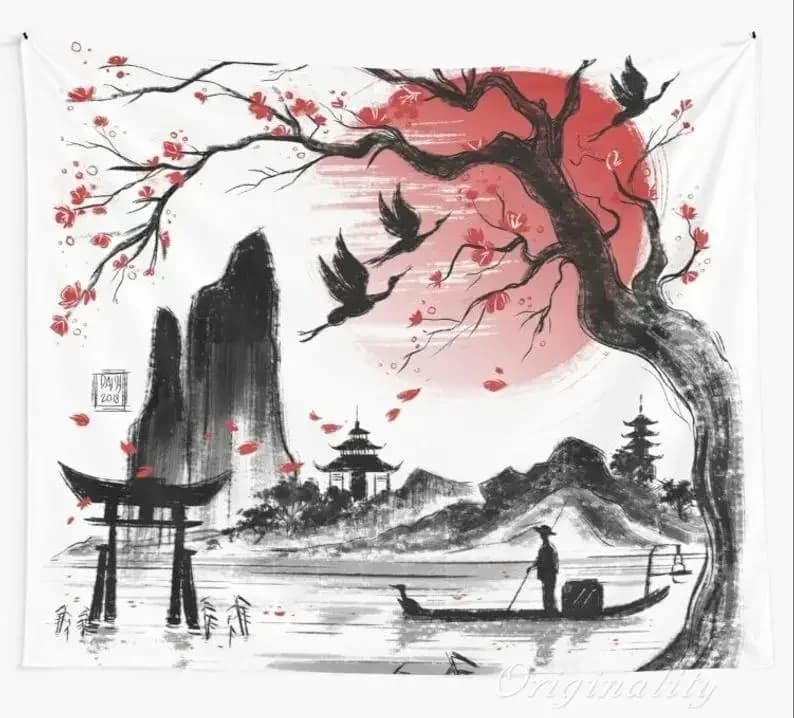 Japanese Landscape Tapestry Japan Cherry Blossom Ink Painting Wall Hanging For Home And Office Decor