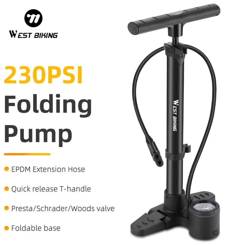 WEST BIKING 230 PSI Pompa da bicicletta ad alta pressione Pieghevole leggera MTB Pompa per bici da strada Gonfiatore per pneumatici in lega di alluminio Strumento per ciclismo