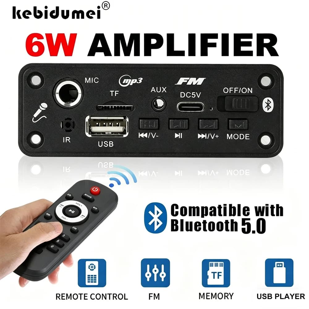 KEBIDUMEI DC 5V Bluetooth 5.0 MP3 Decoder Board 6W Amplifier MP3 Player Support Call Recording 3.5mm USB TF FM for Car Speaker