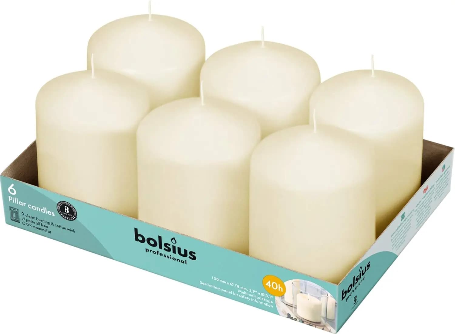 Candele a Colonna Avorio in Confezione da 6 - 3x4 Pollici, Oltre 40 Ore di Combustione Pulita, Senza Profumo e Senza Gocciolamento