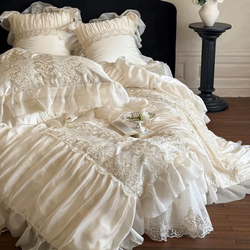 Set biancheria da letto da 4 pezzi in cotone tencel stile principessa francese di lusso - Copripiumino e copriletto con bordi in pizzo liscio e setoso rinfrescante
