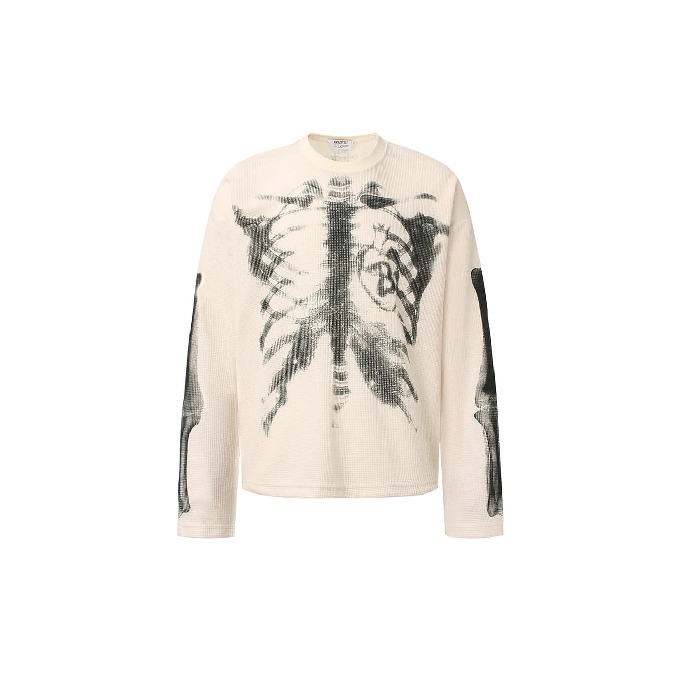 Autumn and Winter Retro Street Trendy Men's and Women's Skeleton Printed Pattern Design Y2K Waffle Long Sleeve T-shirt