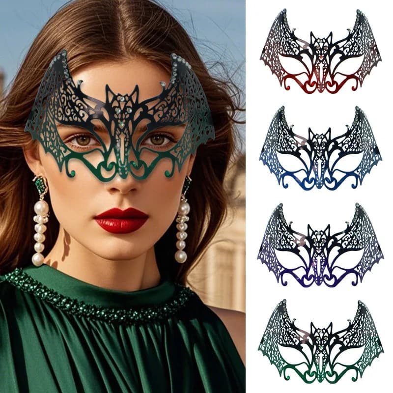 Maschera da pipistrello a mezza faccia in ferro tempestato di diamanti per balli in maschera di carnevale Maschera per occhi in ferro sexy per feste di Halloween