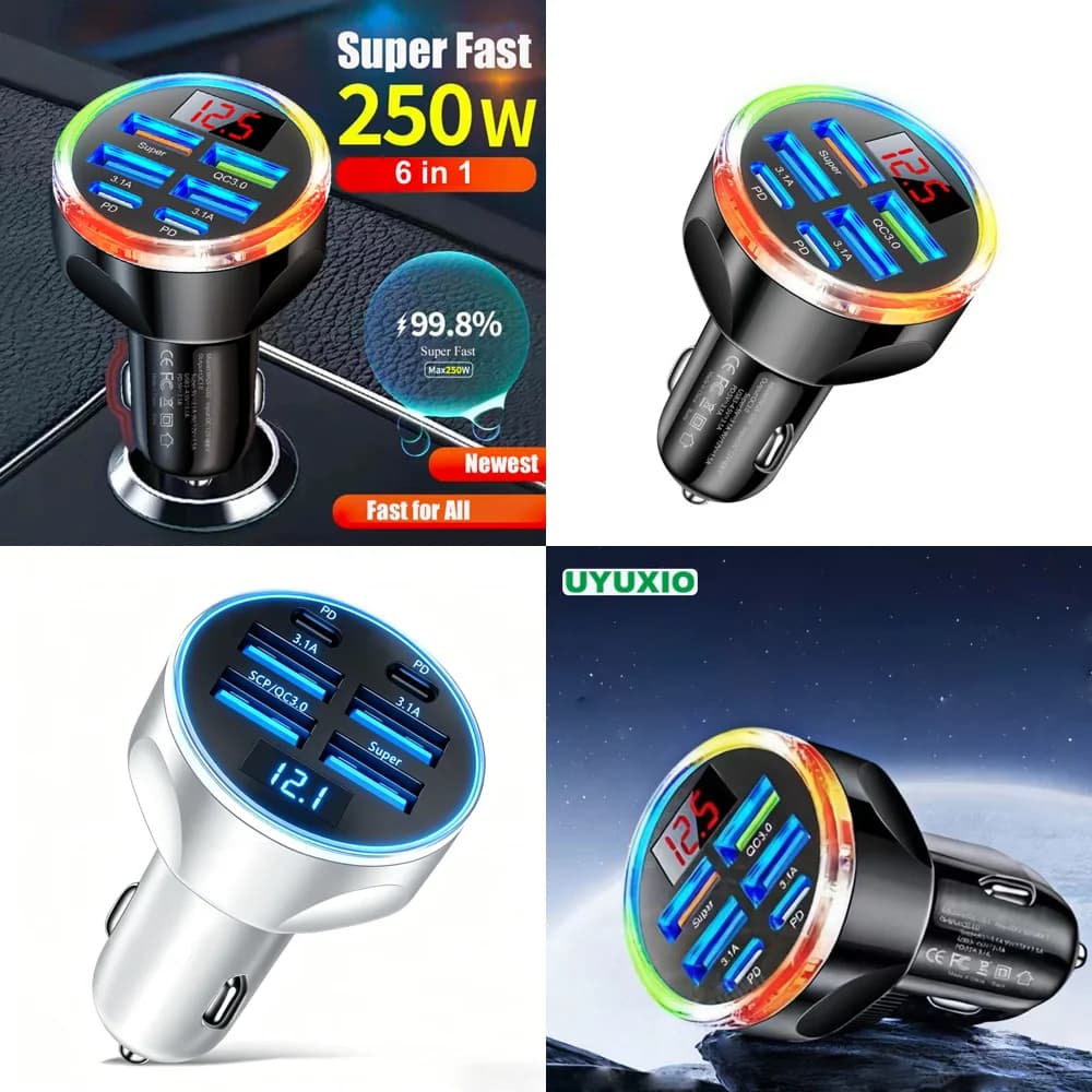 Prodotti di Tendenza 2026: Caricabatterie da Auto USB Multi-Porta 2 PD 4 USB-A con Adattatore Tipo C a Ricarica Super Veloce e Voltmetro per iPhone