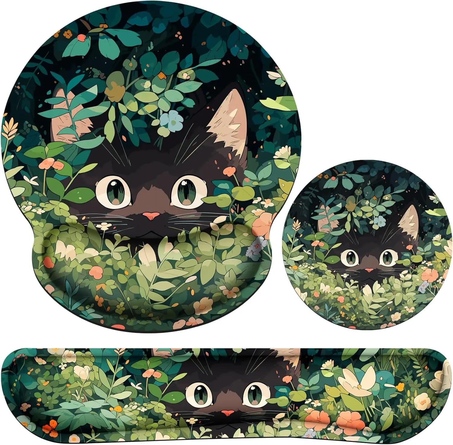 Set Tastiera Ergonomica e Tappetino Mouse con Poggiapolsi, Tema Anime Gatto, Supporto in Memory Foam per Accessori da Ufficio