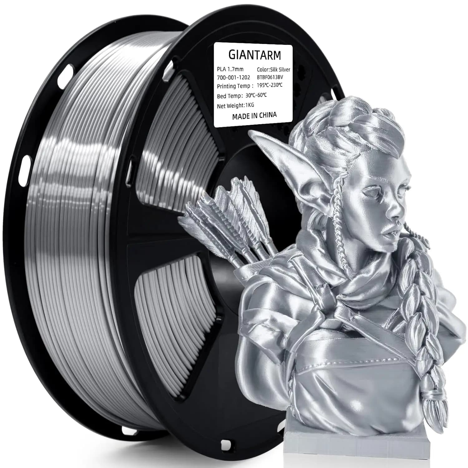 Filamento per Stampante 3D PLA Metallizzato Argento Seta, Bobina da 1kg, 1.75mm +/-0.03mm, 1080ft, Confezione Sottovuoto