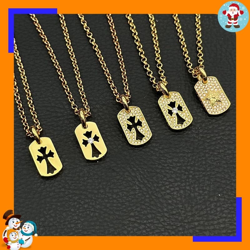 High-end Gold Full Diamond Pentagram Cross Tag Necklace Men's and Women's Twist Chain Pearl Chain Classic