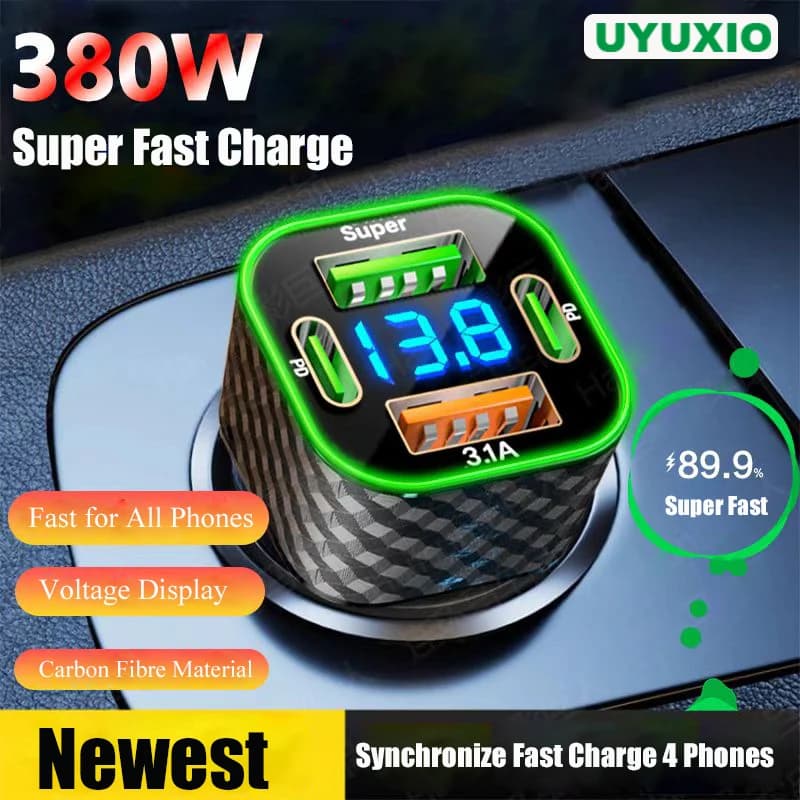 UYUXIO Caricatore per telefono da auto USB C Dual PD 4 in 1 con display di tensione Adattatore di ricarica super veloce per iPhone Xiaomi Oppo Vivo Samsung