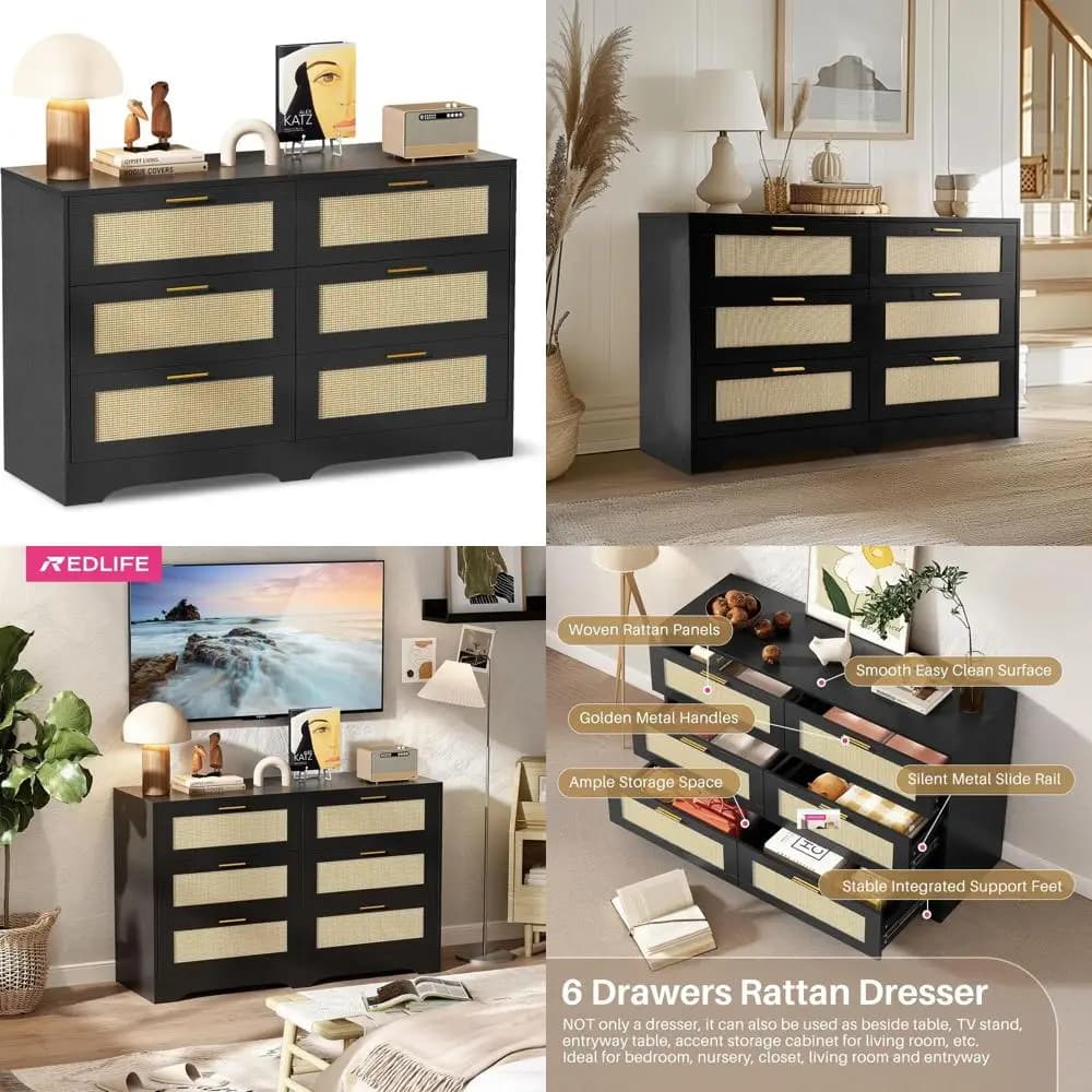 Cassettiera in Rattan Nero e Naturale per Camera da Letto, Soggiorno e Corridoio - Stile Boho con Maniglie