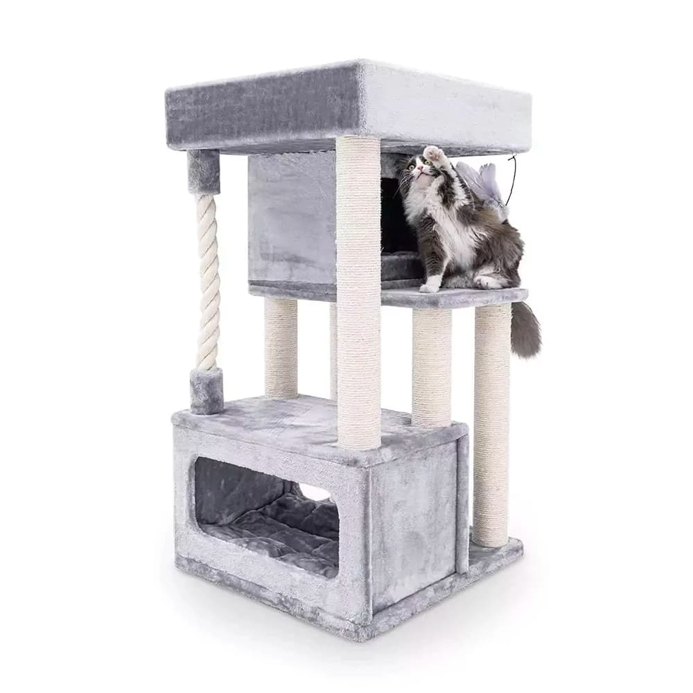 Torre per Gatti Personalizzabile da 107 cm Grigia con Doppia Cuccia e Cesto Relax per Anziani - Albero per Gatti e Tiragraffi