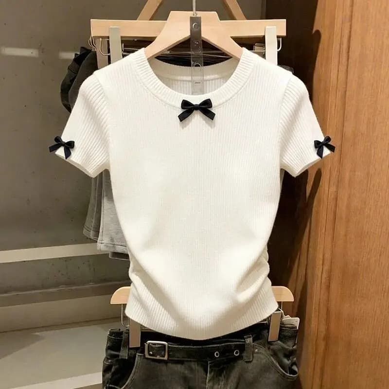Maglioni Moda Estivi con Scollo a O, Maglione Lavorato a Maglia da Donna, Pullover a Maniche Corte con Fiocco, Maglione Lavorato a Maglia, Top da Donna, Maglieria Q3793