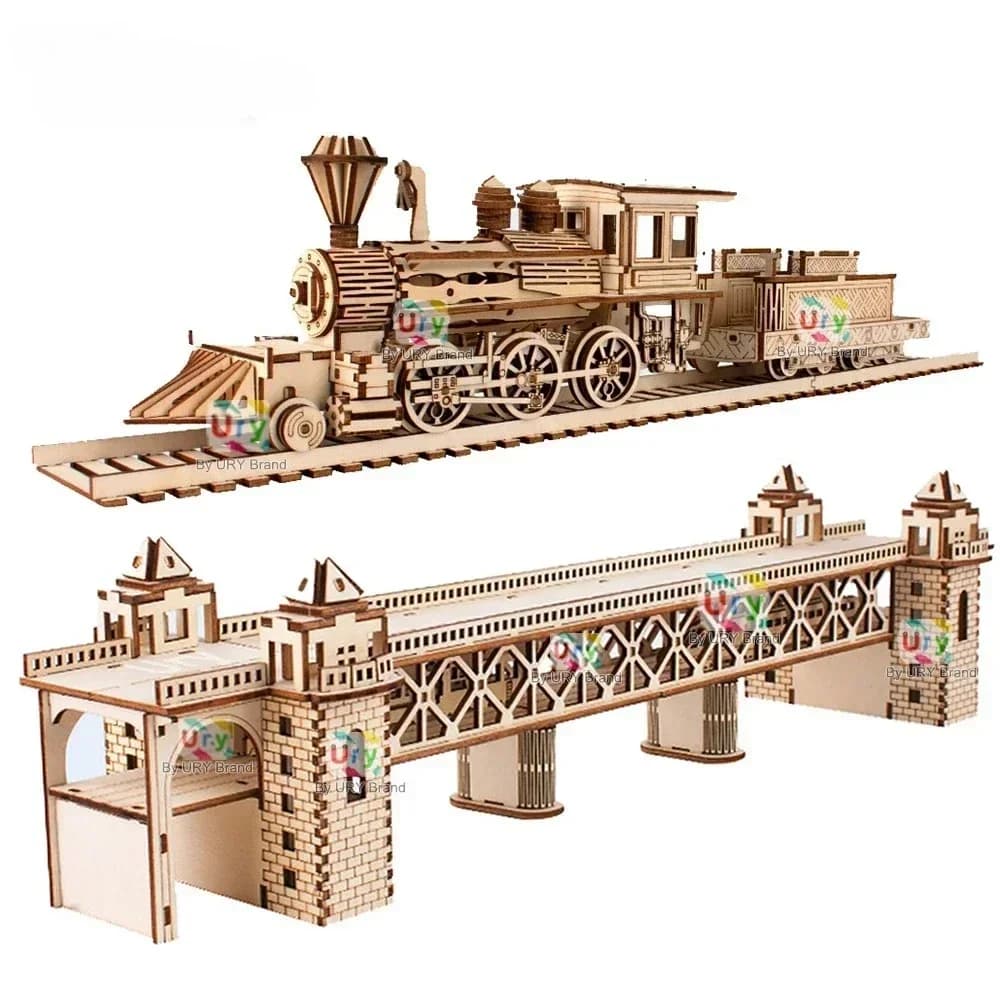 Ury 3D Wooden Puzzle Retro Steam Train with Track Railway Bridge Handmade Assembly Truck Model DIY Toys Decoration Gift for Kids