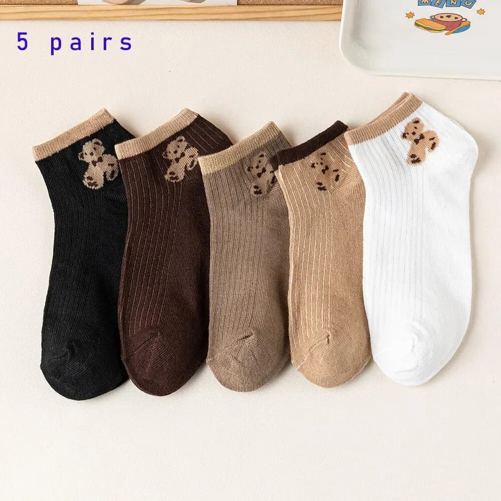 5 Paia di Calzini Corti da Donna con Orsetti, Modello Basso, Casual Primaverili ed Estivi, Abbinabili, a Tubo Corto, Stile Scafandro