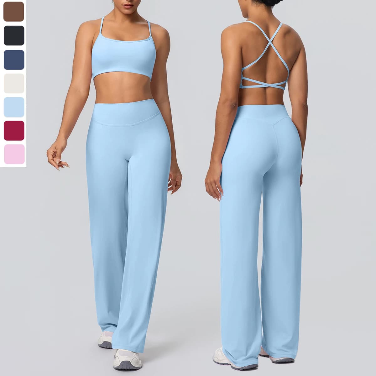 Tuta da yoga sportiva da palestra per donna Intimo da yoga sexy con bella schiena con imbottitura sul petto Set da yoga con pantaloni a gamba larga a vita alta tinta unita