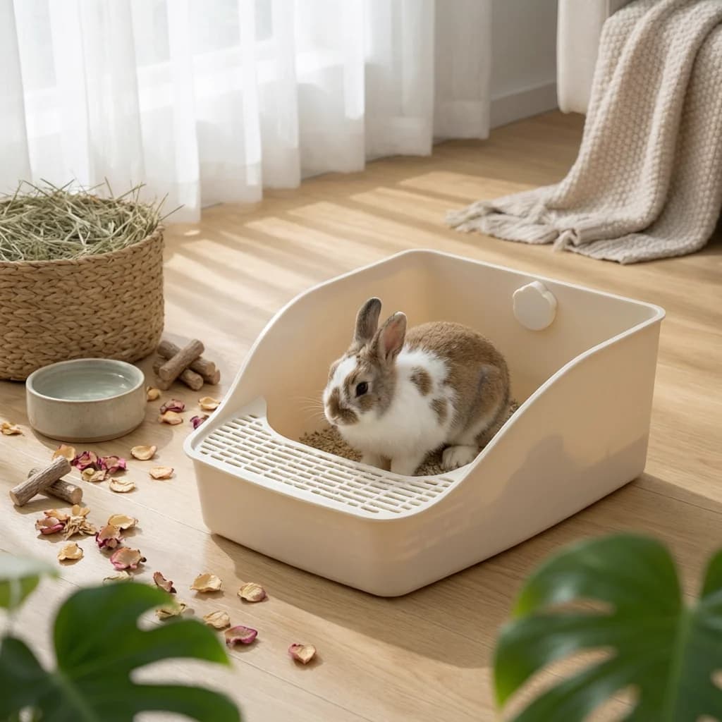Rabbit Litter Tray Odor Resistant High Sided Litter Box Guinea Pig Potty Tray with Grate Small Pet Toilet Pan Non-Slip Base