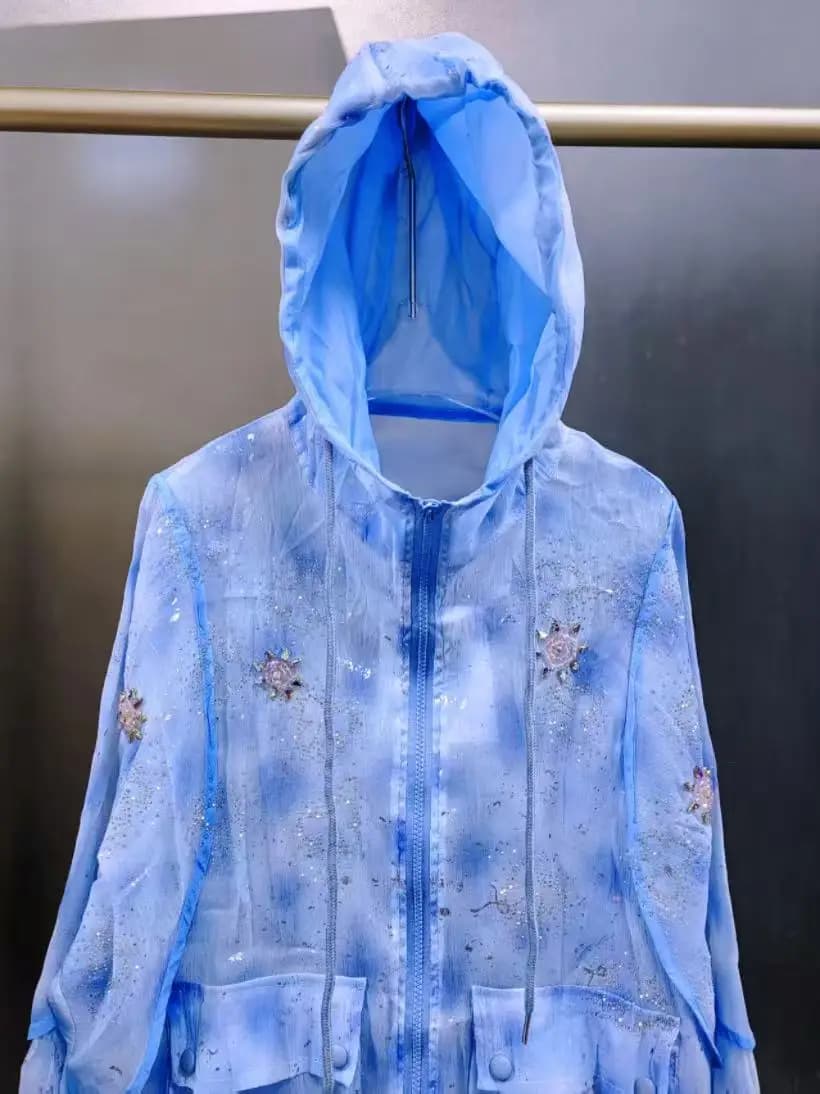 Strass scintillanti Donna con cappuccio Primavera Estate Allentato Casual Cerniera Camicie per protezione solare Camicette Rinfrescante Blu Sottile Capispalla Top