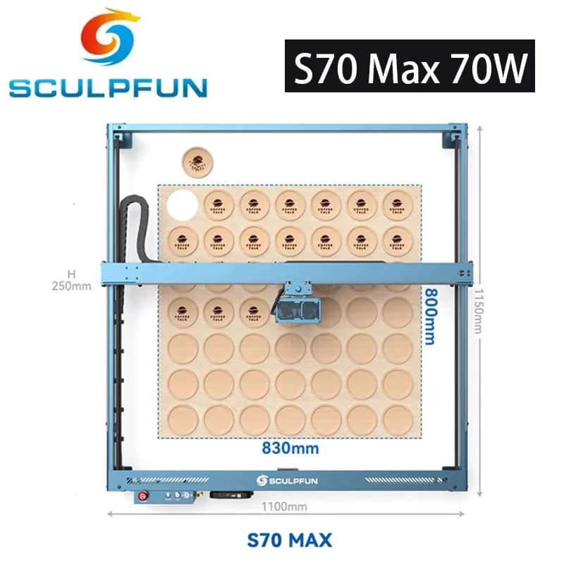 Macchina da taglio per incisore laser SCULPFUN S70 Max 70W con kit Air Assist 830 * 800mm Supporto per area di incisione Messa a fuoco automatica Lavoro offline