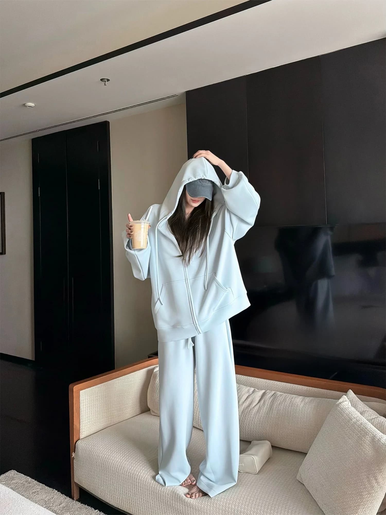 Cloud Softness Sweatshirt Pants Set Women's Spring Fashion Loose Fit Silk Air Layer Drapey Comfortable Long Sleeve Zipper Hoodie