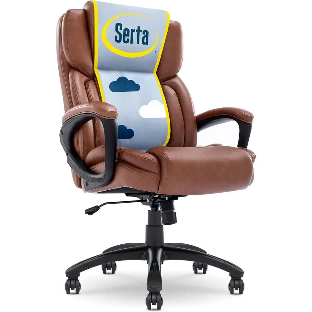 Sedia da Ufficio Ergonomica con Supporto Lombare, Cuscino Semi-Imbottito, Braccioli Imbottiti, Girevole in Pelle Sintetica Cognac