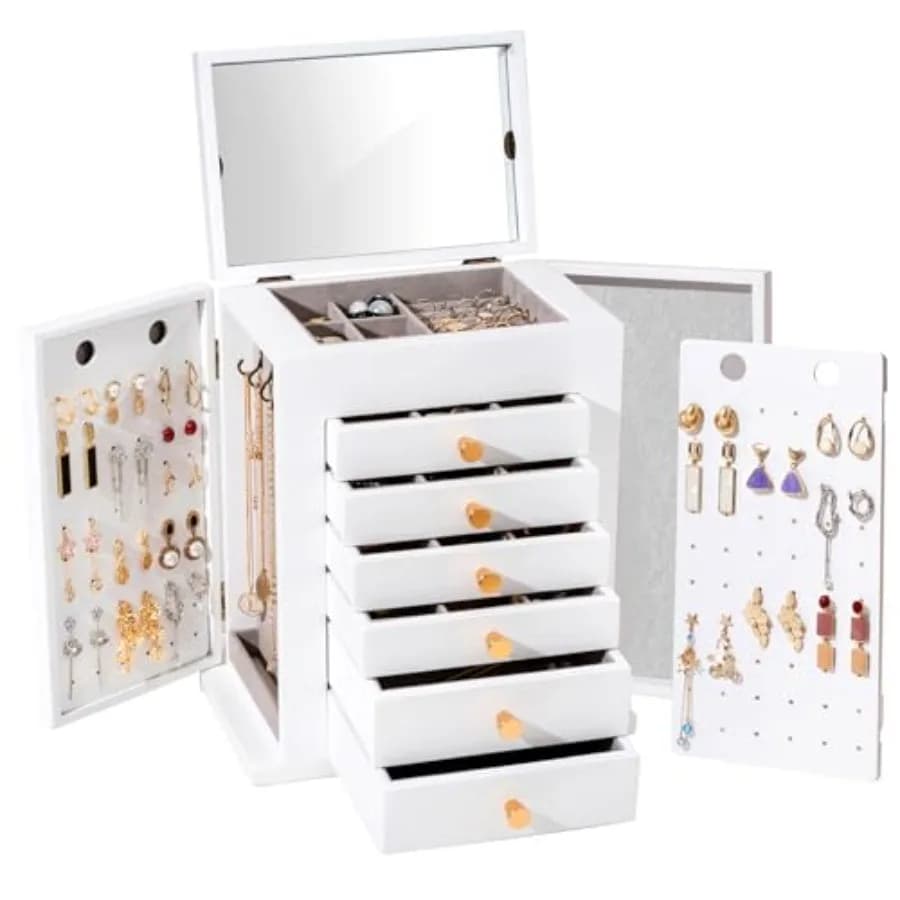 Large Jewelry Box Wooden Jewelry Boxes for Women Jewellery Holder Organizer Storage Case with Mirror for Earrings Bracelet Neck