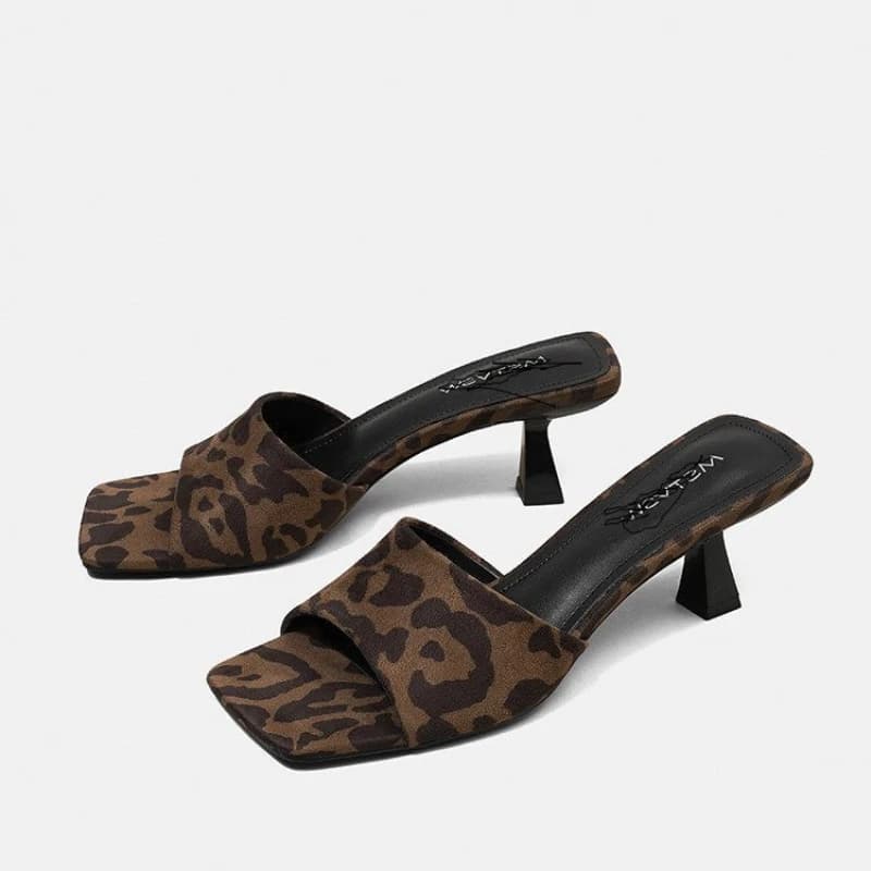 2026 New European and American Leopard Print High Heel Slippers Square Toe Summer Thin Heel High Heels