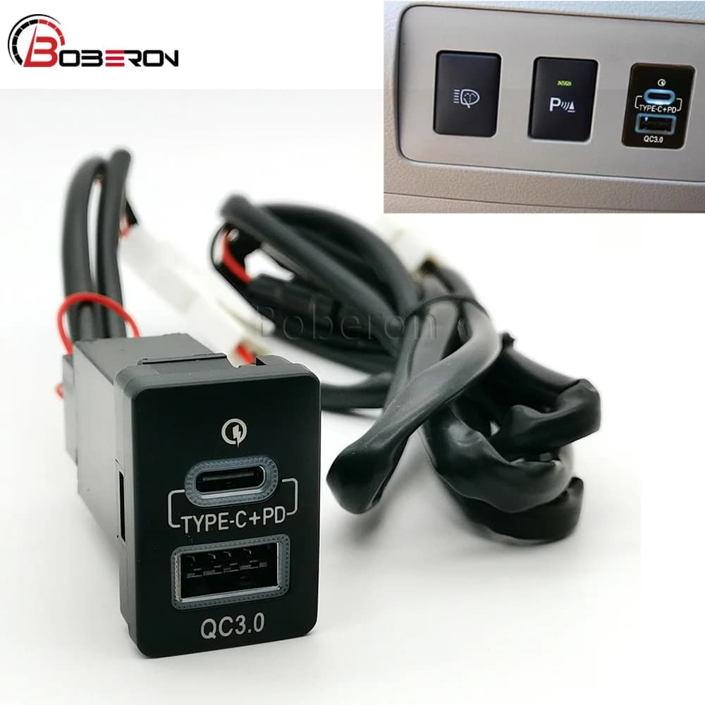 Caricatore USB Doppio per Auto con LED Blu, QC3.0 e Interfaccia di Ricarica PD Tipo C, Compatibile con Toyota 12V/24V