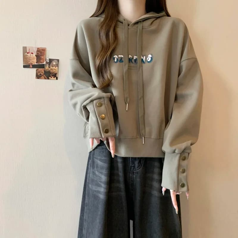 Trendy Short Hoodie Women's Spring Autumn Loose Thin Button Sleeve Sweatshirt Korean Style Commute Wind Letter Pattern