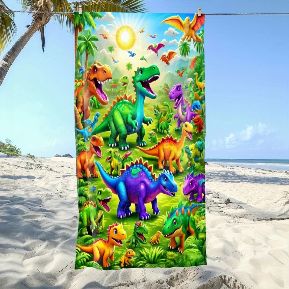 Asciugamano da spiaggia colorato Dinosaur Paradise, morbido, assorbente, leggero, ad asciugatura rapida, in poliestere, perfetto per viaggi in spiaggia, piscina