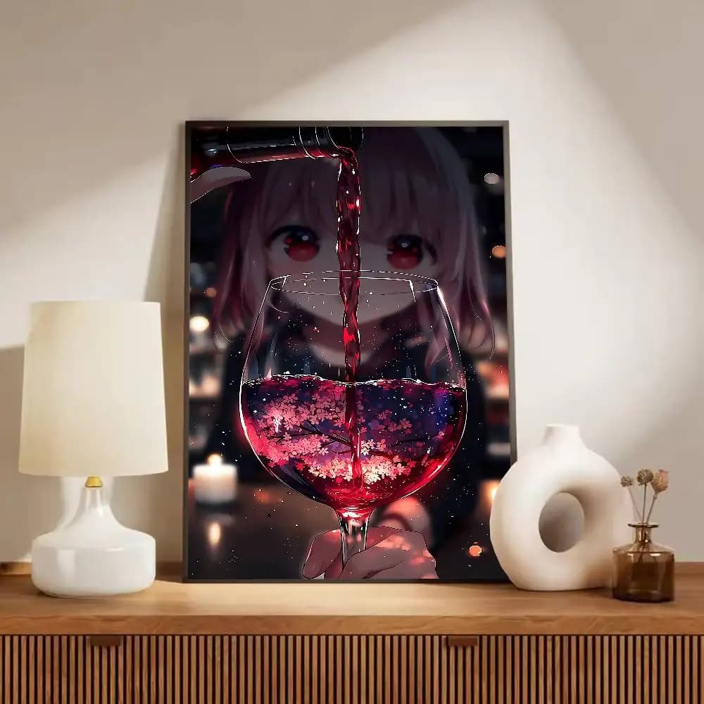 Dark Aesthetic Anime Girl Poster, Red Wine Glass Candle Light Wall Art Print, Moody Gothic Style Home Room Wall Decor