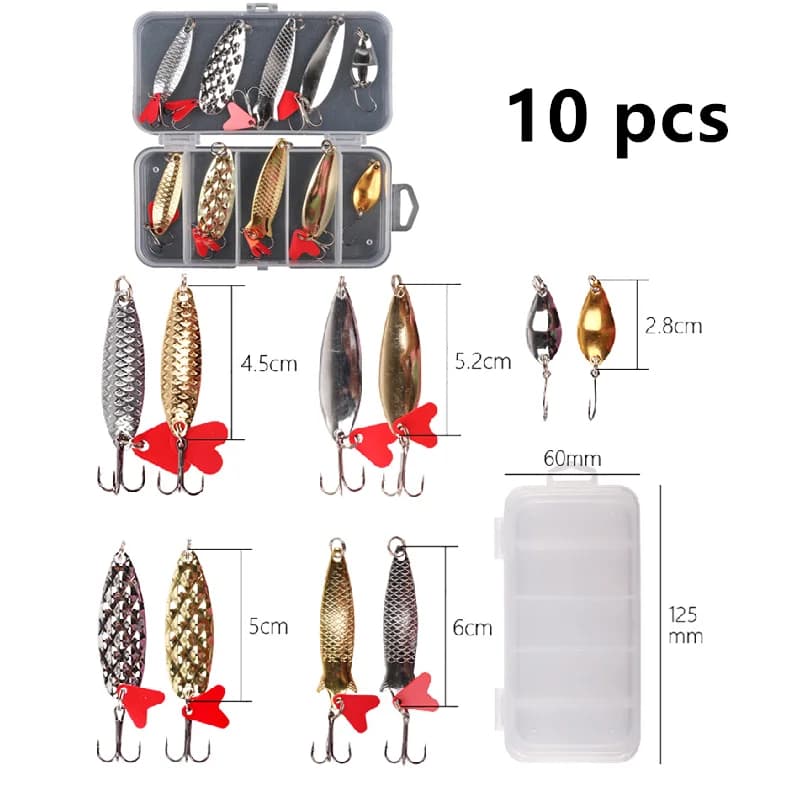 10Pcs Fishing Metal Spoon Lure Kit Set Gold Silver Esche sequins Spinner baits with box anchors fishing gear Gear