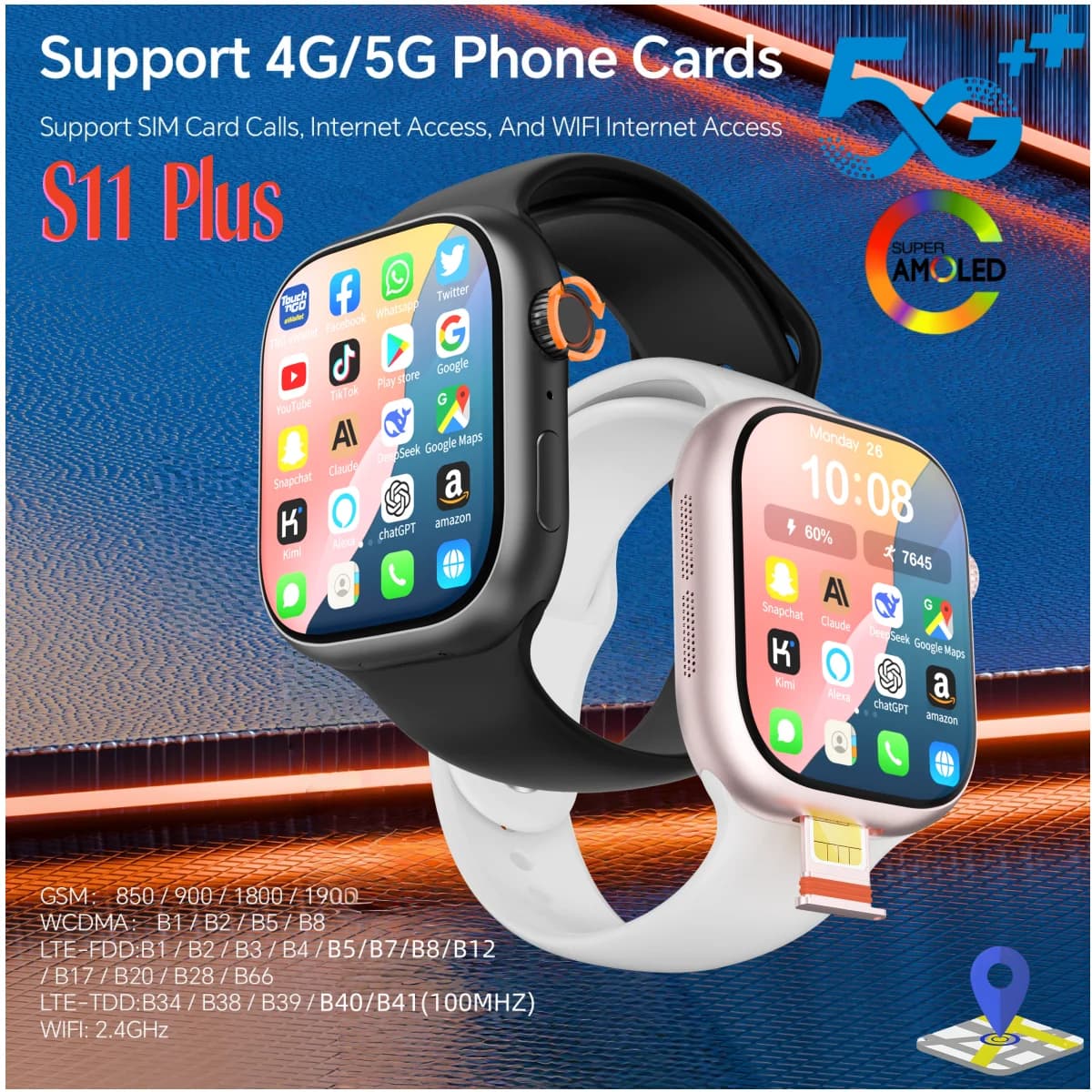NEW Arrival S11 Plus Smartwatch 4G with Android 12.0 SIM card with 512GB ROM 190 ° Smartwatch with Rotating Camera, GPS, WIFI, 2,29'' Amoled Display
