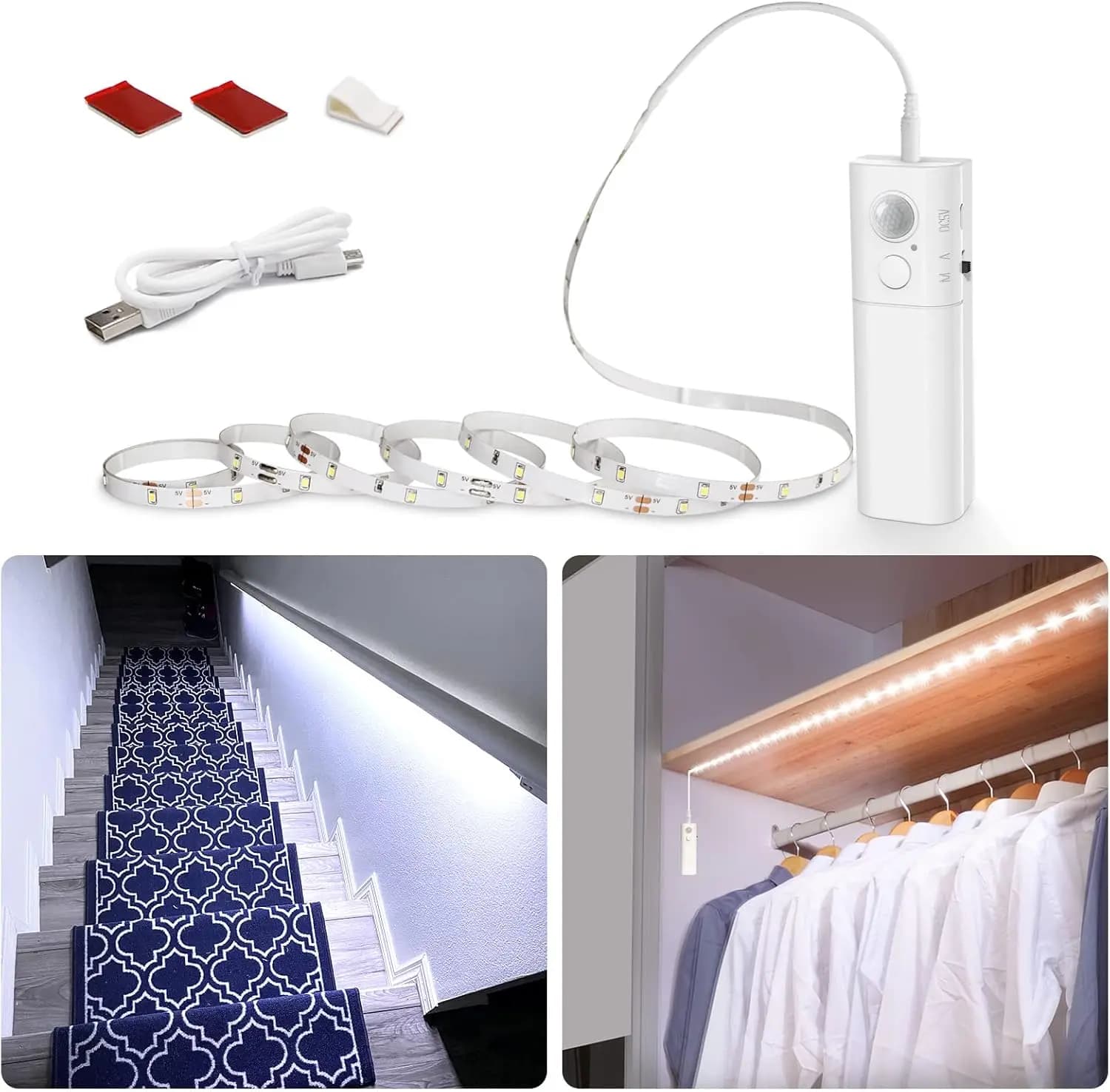 Striscia LED con Sensore di Movimento, 2m 6000K Bianco, Ricaricabile, Alimentata a Batteria, Adesiva per Armadi, Scale, Corridoi