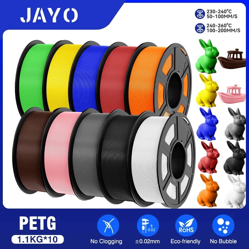 JAYO 10 rolls of petg 175 mm 3D printing without bubble without smooth design plus optional colors for 3D printing 1,1 kg/1 roll