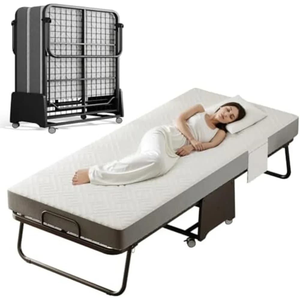 Deluxe Folding Bed with Mattress with 5-inch Memory Foam Mattress on Rollers for Easy Storage with Metal Frame and Bed