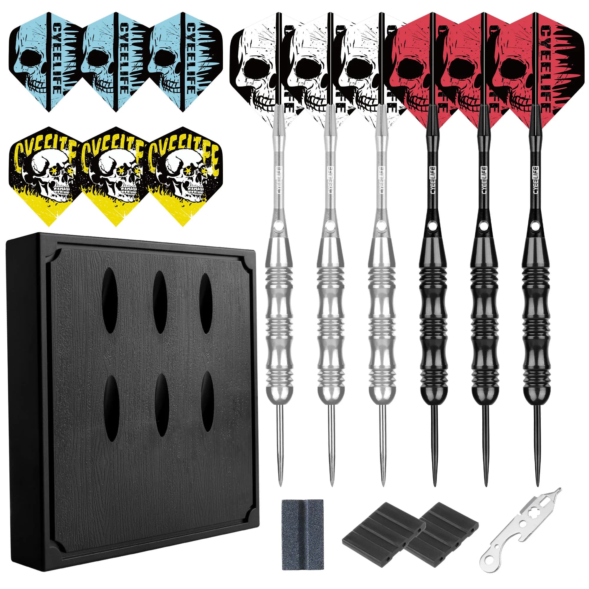 Set di freccette professionali con punta in acciaio Cyeelife da 26 g (confezione da 6) con supporto per freccette, pietra per affilare e accessori - Tungste resistente
