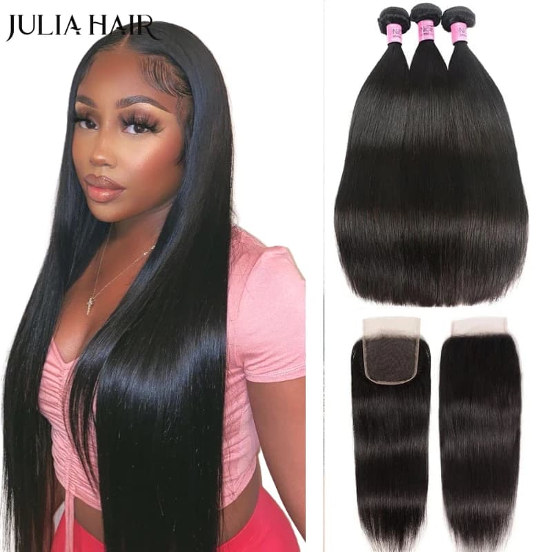 Fasci di capelli lisci Julia Hair con chiusura 4x4 Fasci di tessuto brasiliano per capelli 4 pezzi di capelli umani vergini 3 pacchi con chiusura