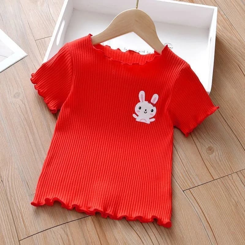 Children Summer Ice Silk T-shirt Kids Cartoon Solid Color Short-sleeve crewneck T-shirt Girls Ruffled Lace Animals Top T-shirt