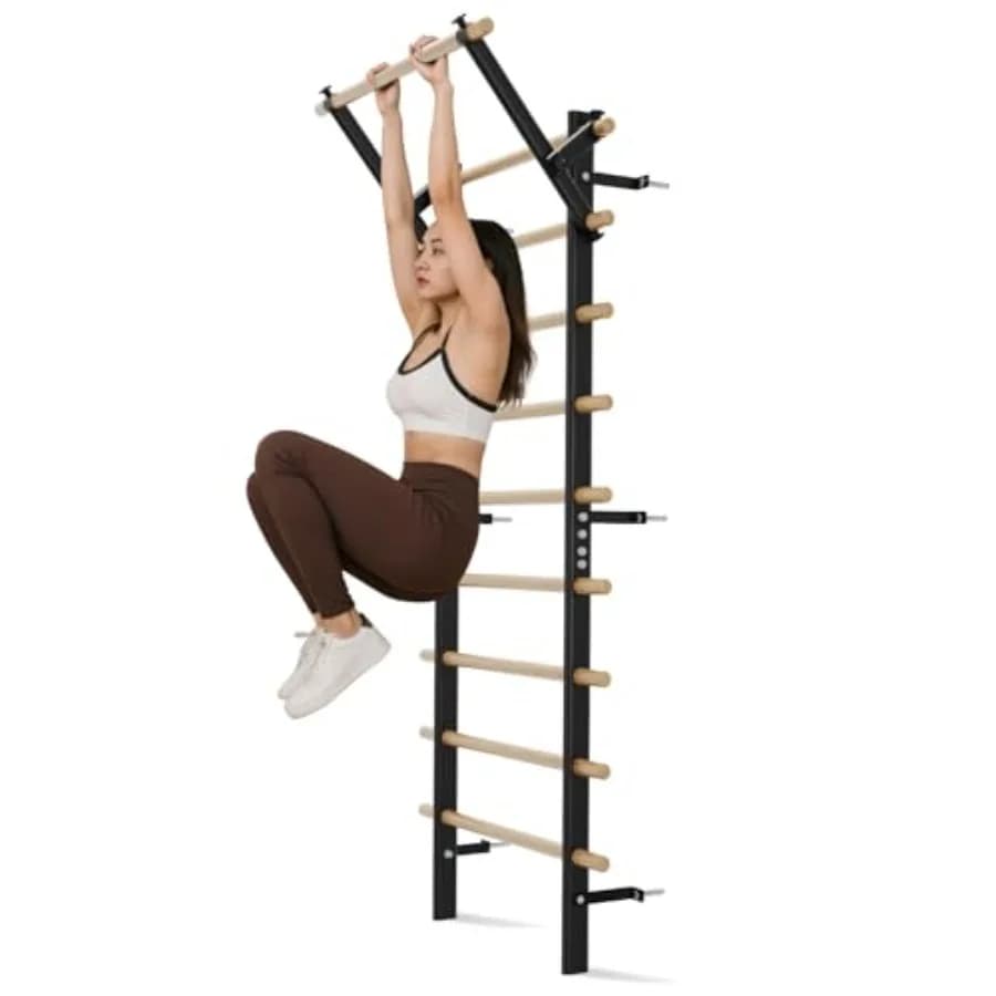 Home Gym Swedish Ladder Wall Stall Bar: Steel Black Adjustable Pull-Up Dip Bars with Resistance Bands and 9 Rods for Core Stret