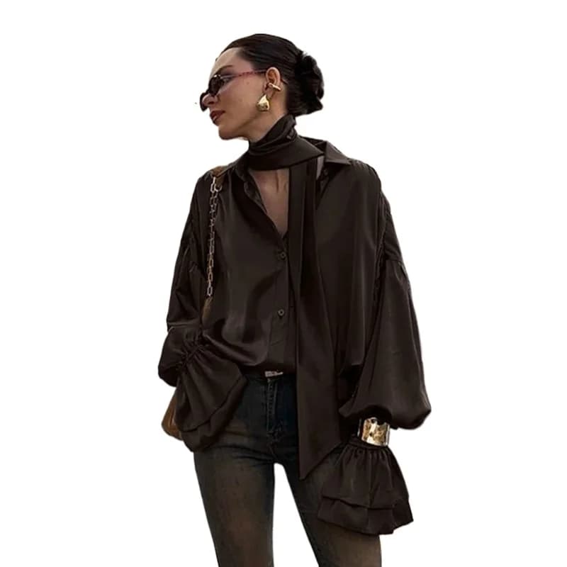 Camicia da donna primaverile 2026 elegante con risvolto a maniche lunghe, casual, classica, alla moda, ampia, in raso marrone, abbigliamento femminile