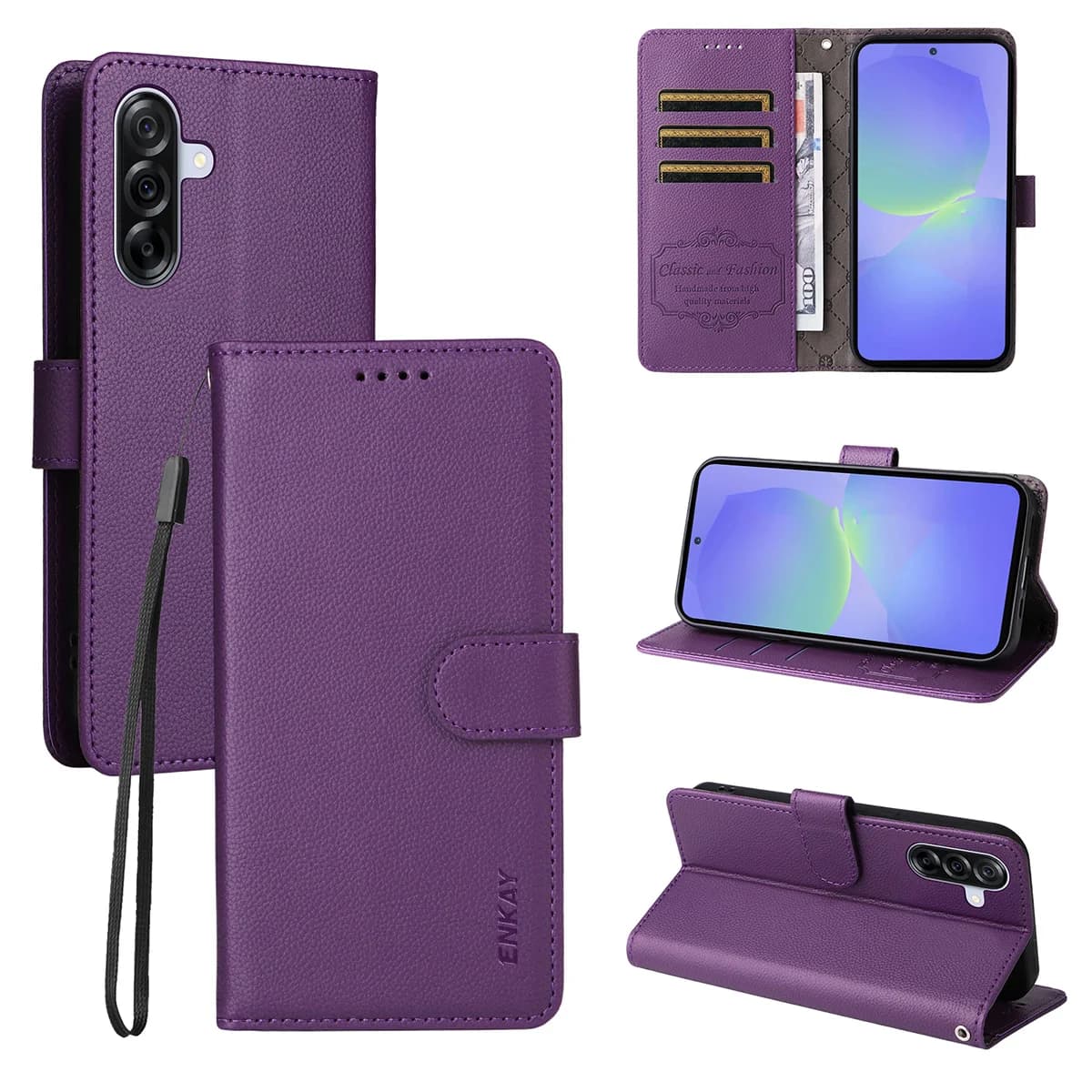 Per Samsung Galaxy A36 5G Custodia a portafoglio con cinturino ENKAY HAT PRINCE Custodia per telefono con supporto in pelle con blocco RFID - Viola