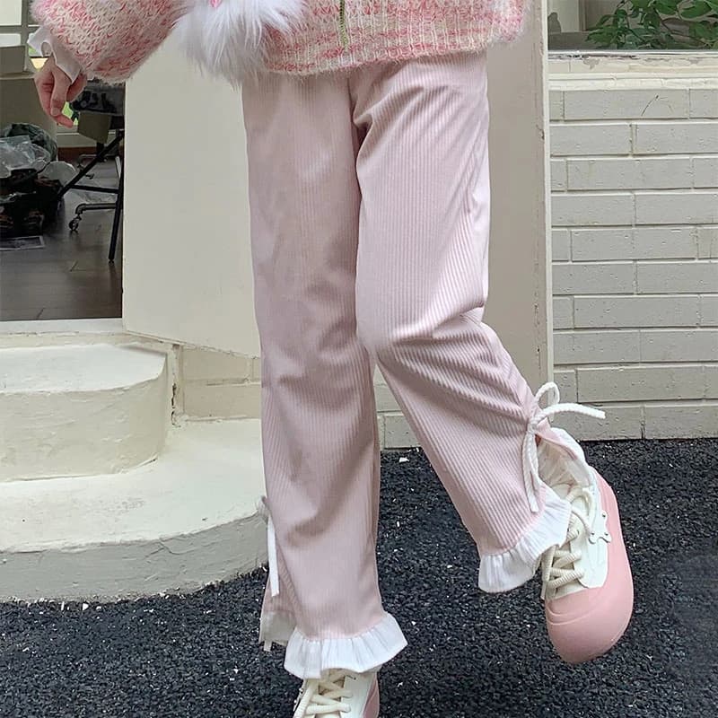 Sweet Lolita Style Pink Bow pantaloni di velluto a coste donna Kawaii Ruffles fasciatura laterale pantaloni a gamba larga pantaloni della tuta a vita alta pantaloni carini