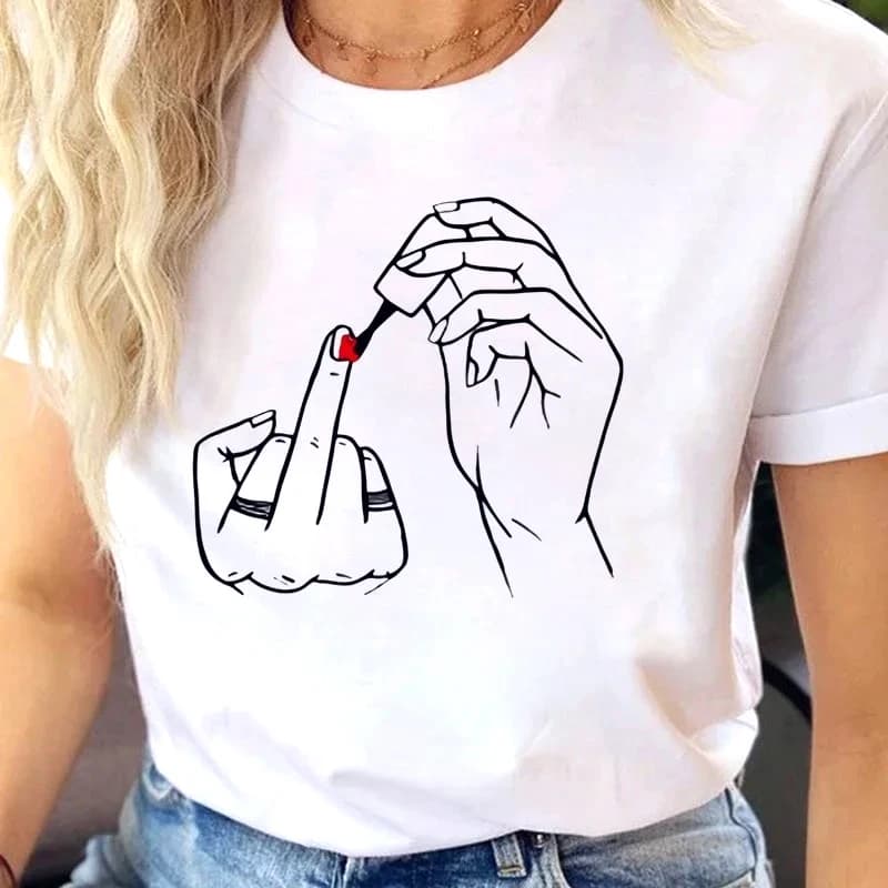 Women Middle Finger Nail Polish Prints T Shirt Summer Comfortable Soft Short Sleeve O-Neck Tops Casual Female Vintage Clothes