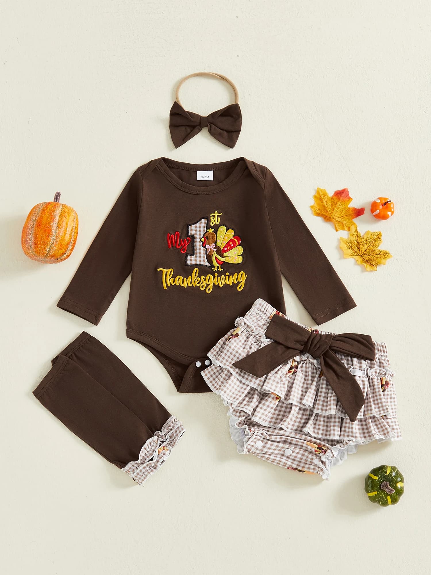 Set di vestiti per bambina del Ringraziamento con pagliaccetto a maniche lunghe, pantaloncini a strati, fascia per capelli e calzini - Adorabile vestito da 4 pezzi