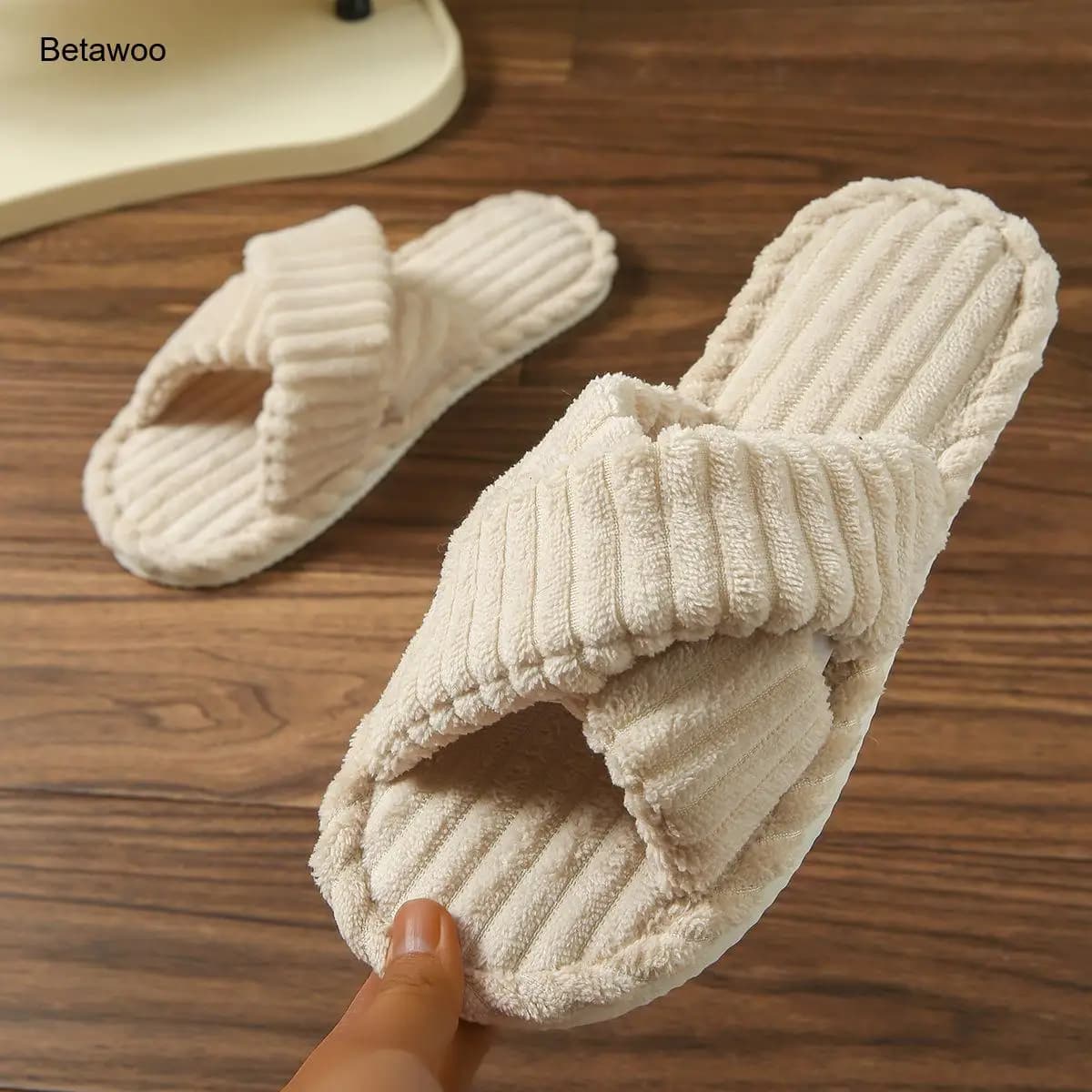 Open Toe Corduroy House Slippers for Women Cozy Ribbed Slip On Indoor Bedroom Slides