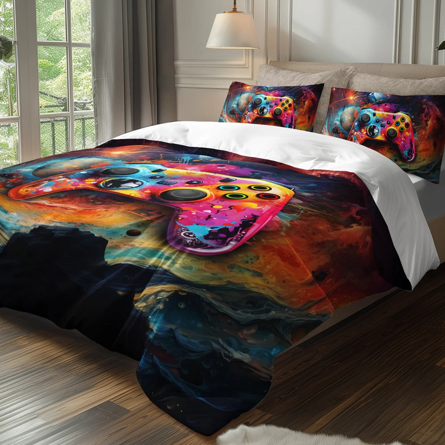 Set di biancheria da letto a tema controller di gioco Galaxy da 3 pezzi. Copripiumino colorato per giocatori spaziale. Collezione di biancheria da letto per giochi astratti